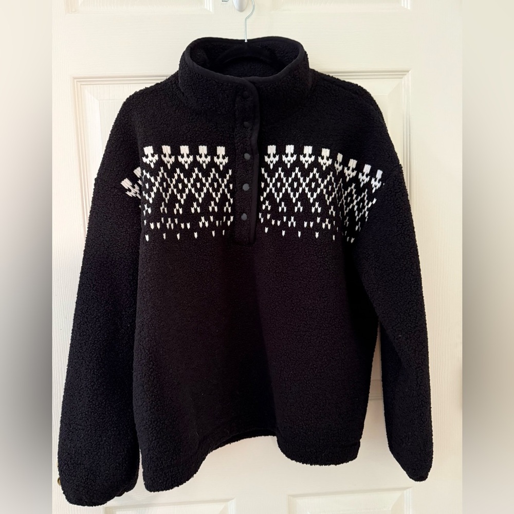 Like NEW! LOFT Fair Isle Sherpa Fleece Pullover – Black Snap Collar Winter Cozy